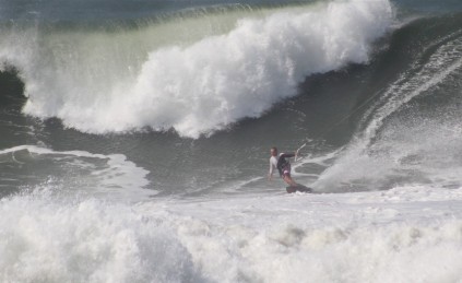 Richard Noyce kite surfing massive waves at Salt Rock on Wednesday, August 27.