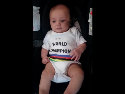 Hank McGregor's two month old son Thorsten dressed up to welcome his father back from his double gold medal feat at the ICF Canoe Marathon World Championships in Oklahoma City.