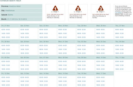 Ballito's load shedding schedule for Stage 3 according to Eskom's website.