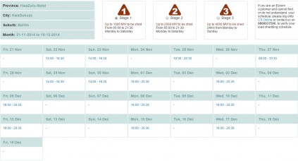 Ballito's load shedding schedule for Stage 1 according to Eskom's website.