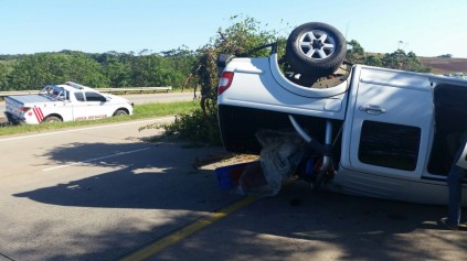 The capsized bakkie and trailer on the N2. Photo: IPSS Medical Rescue