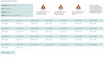 Eskom's load shedding schedule for stage 2 in Ballito. Click on the image for a larger view.