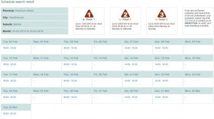 Stage one load shedding for Ballito. Click on the image for a larger view.