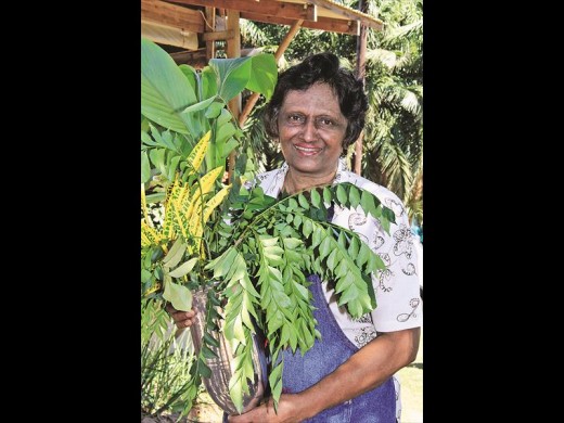 Cindy Valayadam with the Durban Curry Cup, filled with curry leaf branches and fresh tumeric plants.