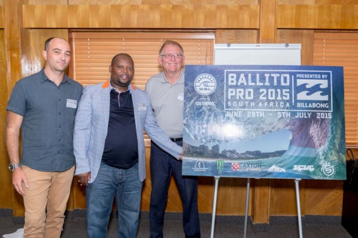 Billabong marketing manager Chad D'Arcy, KwaDukuza mayor Ricardo Mthembu, World Surf League Africa operations manager Colin Fitch unveiling the new Ballito Pro poster. Photo: Precision Photography Ballito