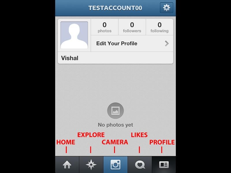 This is how your newly created profile will look. At the bottom you will see your home, explore, camera, likes and profile buttons.