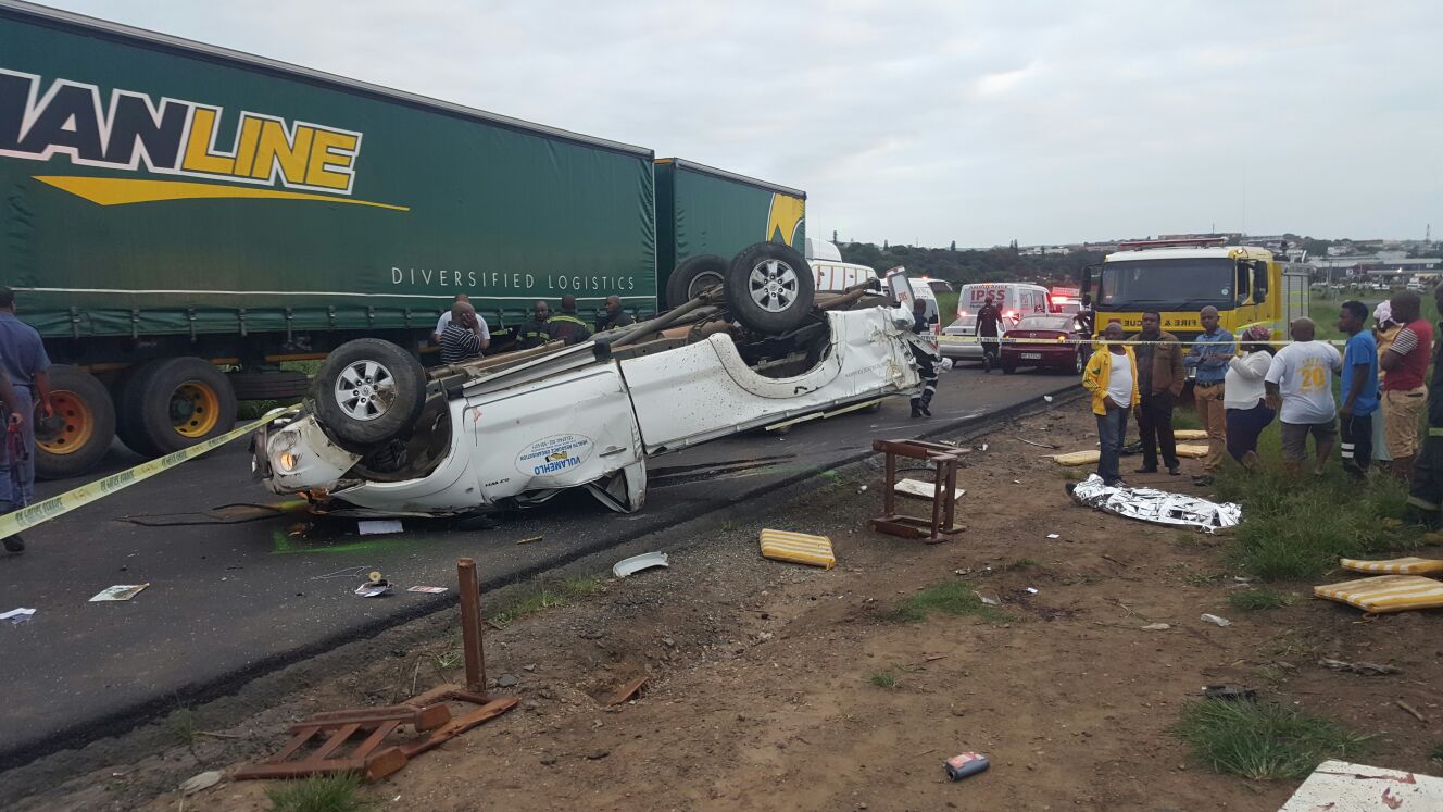 A bakkie landed on its roof on the R102 after the driver lost control. Photo: IPSS Medical Rescue 