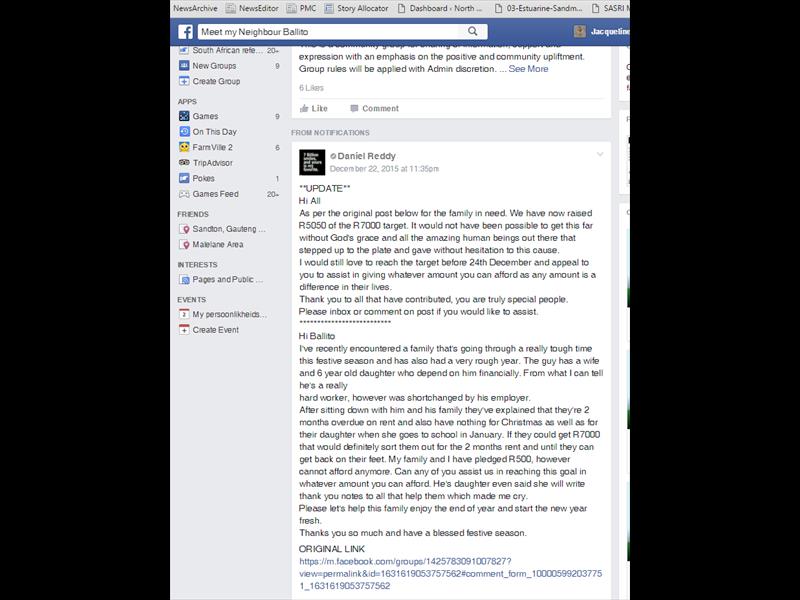 A screen shot of Reddy's plea on the Meet My Neighbour Ballito Facebook group.
