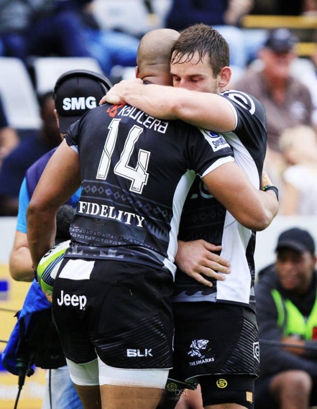 JP Pieterson and Keegan Daniel in an emotional embrace after Peiterson's first of two tries for the day. Photo: Jacqueline Herbst