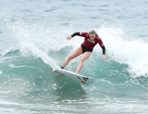 Sophie Bell placing second in Heat 1 of the U16 girls Round 1 to advance to the Semifinals of the Billabong Junior Series Ballito.