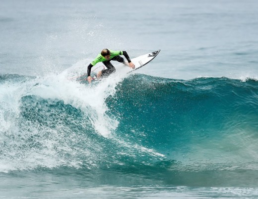 Eli Beukes placing second in Heat 3 of the U16 boys Quarter Finals to advance to the Semi-finals of the Billabong Junior Series Ballito.