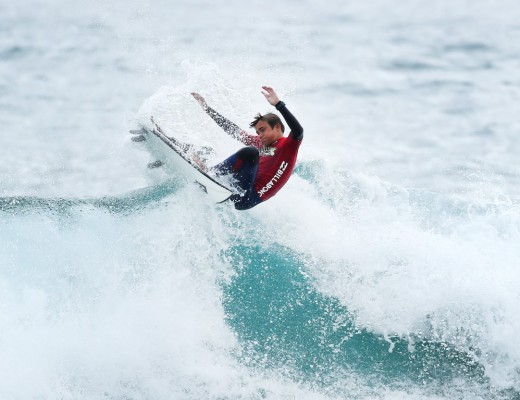 Nate Spalding winning Heat 2 of the U14 boys Round 1 to advance to the Semifinals of the Billabong Junior Series Ballito. Photo: Kelly Cestari