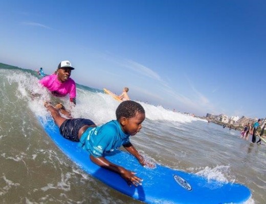 Nothing but stoke out in the water with the Surfing South Africa learn to surf programme at the 2016 Ballito Pro presented by Billabong. Photo: Ryan Janssens