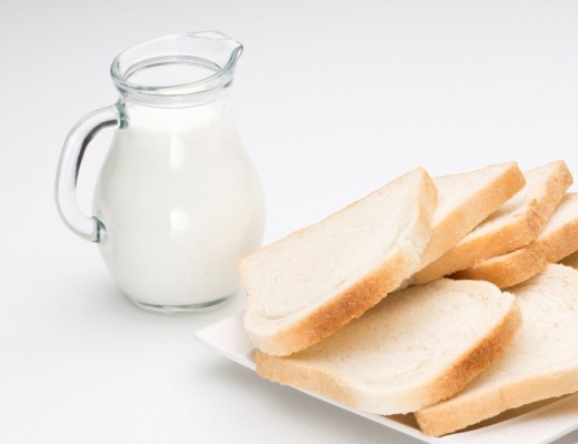 43527196 - egg toast bread milk on white background still life stock