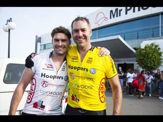 Mike Pammenter and Craig Jones after the two day Ride for MRP Foundation last year at the Mr P head office where the ride finished.