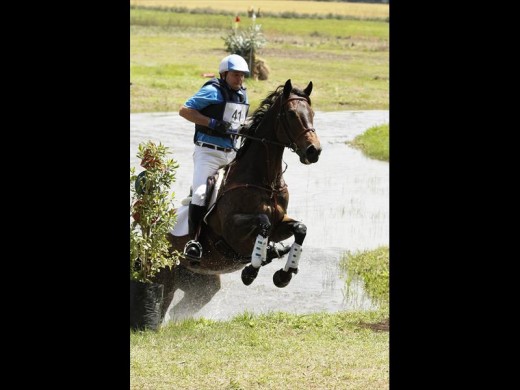 Dave Winton and his mount Fort Nelson, come flying up a metre high embankment during the Spurwing interprovincial horse trials in Karkloof.