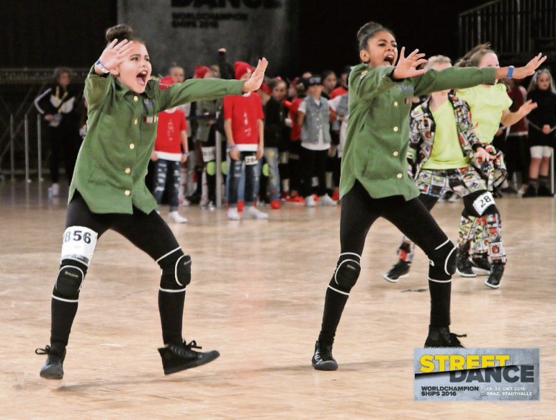 Jordyn Grace and Mia Bullock in action in Austria during the Street Dance World Championships.