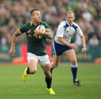 Francois Hougaard volspoed op pad doellyn toe vir die Bokke se eerste drie van die wedstryd in Saterdag se toets op Ellispark. Foto: GB Jordaan 