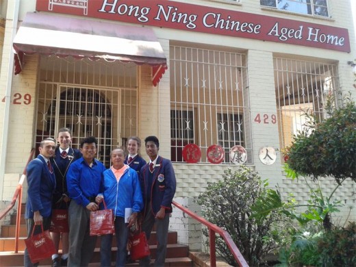 Fabio Ascensao, Gabriella Pesquito, Jerrold Law, Timothy Sam, Olivia de Kok and Kaylan Reddy at the Hong Ning Chinese Aged Home.