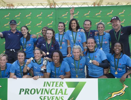 The Blue Bulls women’s sevens rugby team celebrate their victory in the final of the SARU Interprovincial Sevens tournament at the Mbombela Stadium in Nelspruit. They have beaten the WP women in the final by 24-22. Photo: GB Jordaan