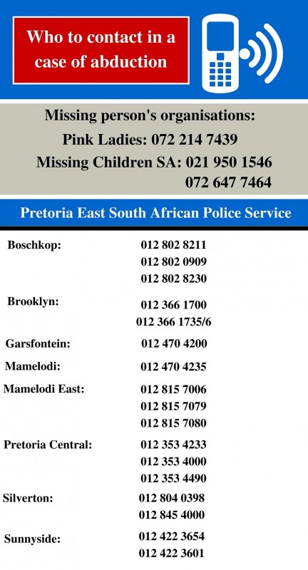 Who contact in a case of abduction - Pretoria East