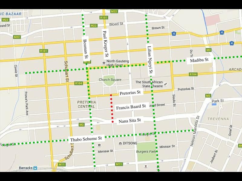 The section of Paul Kruger Street blocked off for construction work.  The green dots indicate which roads are open for traffic.  Graphic: Danielle Garrett
