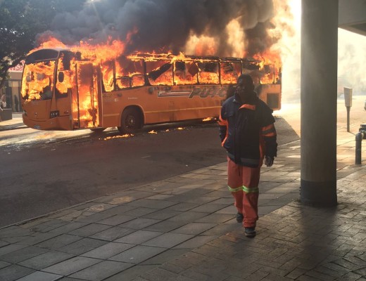 Putco bus burning on Stanza Bopape and Hamilton Streets in Pretoria. Photos: ER24