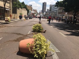 Pot plants were used to barricade the streets of Pretoria CBD. Photo: Reitumetse Mahope