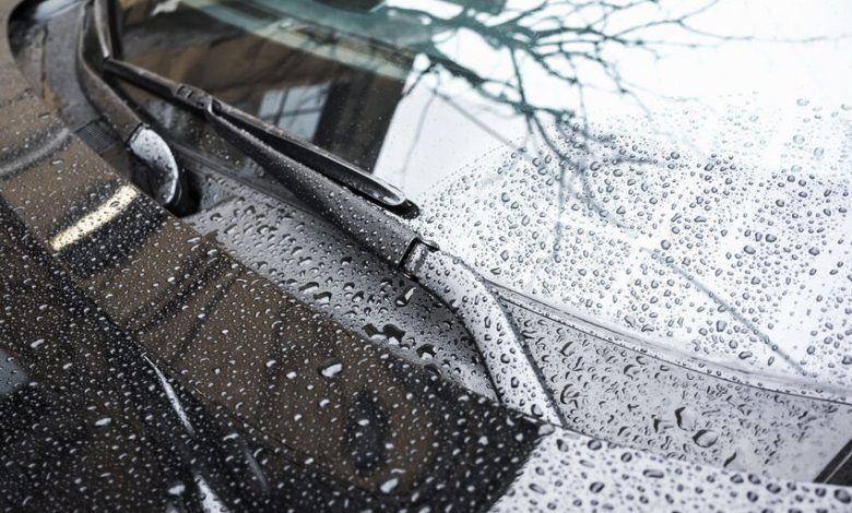 Black car hood fragment and windshield wipers