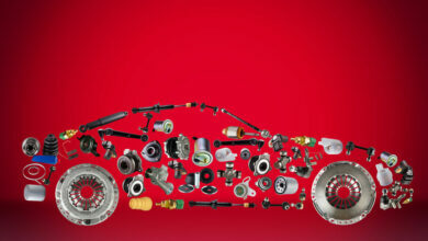 Passenger car assembled from new spare auto parts for shop aftermarket.