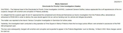 Bogus Hawks arrested for R300 000 docket disappearance bribery