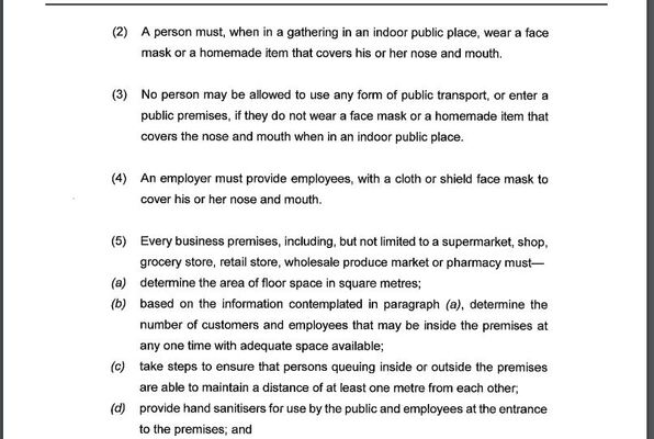 Proposed amended Covid-19 regulations : Vaccine certificate for gatherings and compulsory wearing of masks in public places
