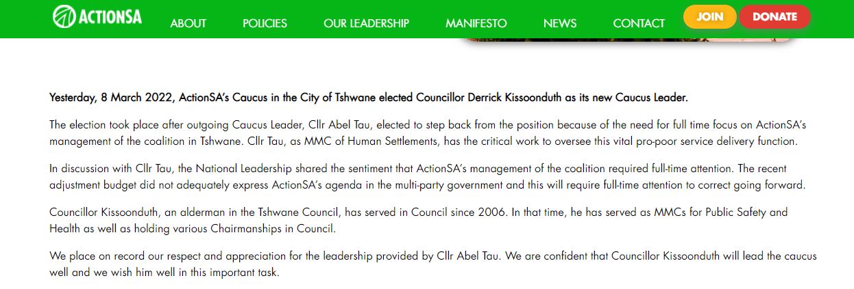 ActionSA Tshwane leader resigns but remains metro's Human Settlements MMC
