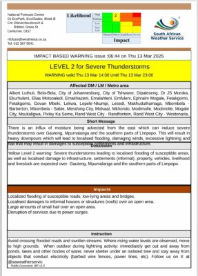 Severe storms with hail to hit Pretoria today