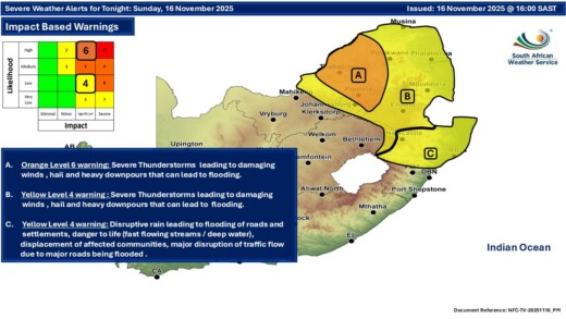 The Level 9 storm alert for Gauteng has been officially downgraded to Level 6, severe thunderstorms and heavy downpours remain in place