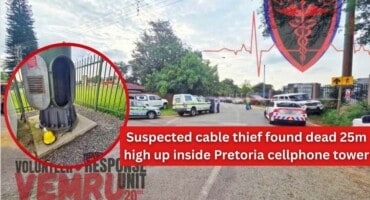 Suspected cable thief found dead 25m high up inside Pretoria cellphone tower