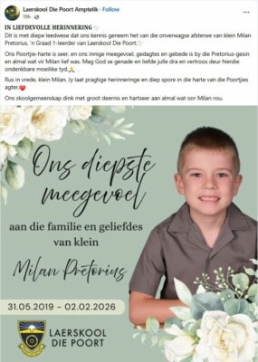 Graad 1-leerder Milan Pretorius sterf aan meningitis