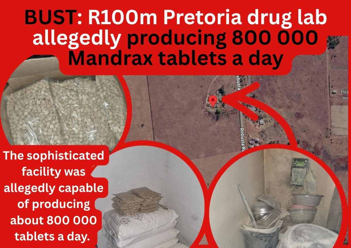 BUST: R100m Pretoria drug lab allegedly producing 800 000 Mandrax tablets a day
