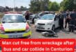 Man cut free from wreckage after bus and car collide in Centurion
