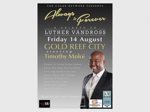 The king of romantic ballads Luther Vandross will be celebrated by SA's own Timothy Moloi on 14 August. Photo Supplied.