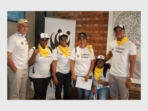 WWF South Africa CEO, Morné du Plessis, prepares to journey through Joburg with EcoMobility supporters and Maps Maponyane (far right)