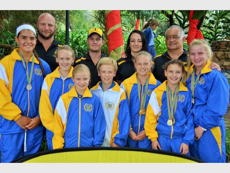The four coaches did everything in their power to develop athletes. Back from left: JP Olivier , Rocher Viljoen, Andriette Viljoen and Jannie van der Merwe Athletes from left to right: Zonika Lindeque, Lilo van der Westhuisen , Elaine Wijnbeek, Phillip Steyn, Euané Theart, Timeke-Jade Coetsee , Chanté Botha. Photo supplied.