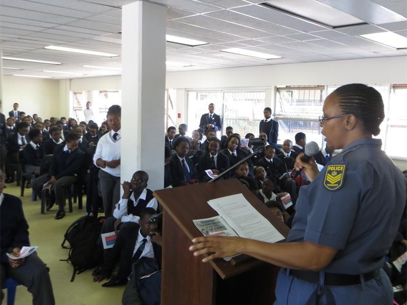 Sergeant Cookie Maphanga addresses the pupils. Photo supplied.