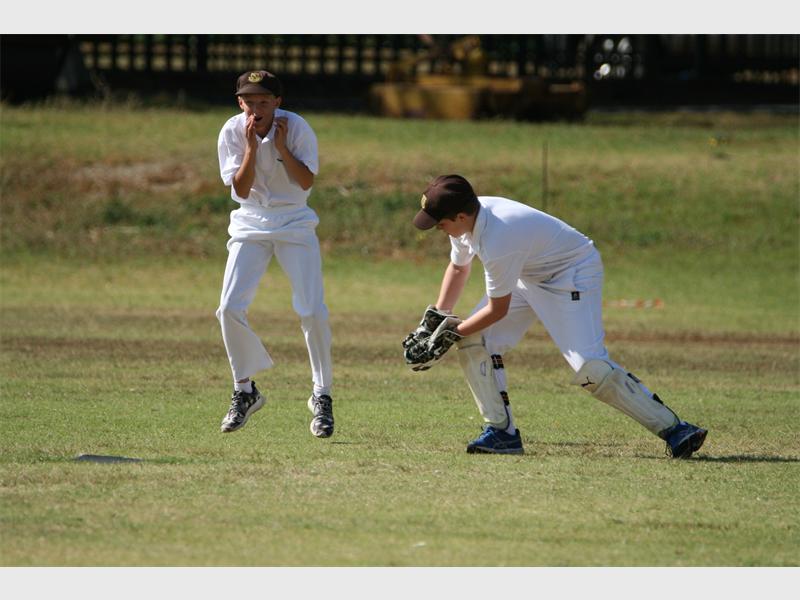Team captain from Rand Park, Christopher Fisher, yells for wicket keeper, Bryan Robinson, to take a catch, which he does. Photo: Supplied.