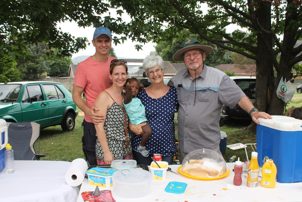 Tom, Dawn and Ella Jordi stand with parents and grandparents Lyn and Neil Gove at their boerewors stand.