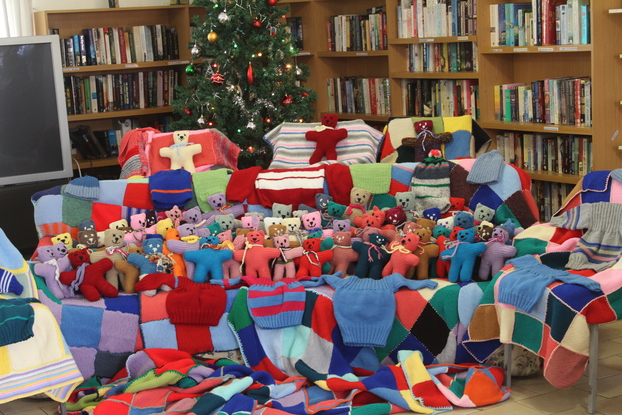 The knitted blankets and teddy bears which are given to the Linden Victim Support Unit.