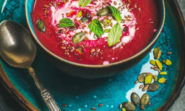 Spring,Detox,Beetroot,Soup,With,Mint,,Chia,,Flax,And,Pumpkin