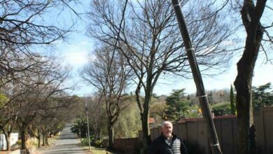 Harold Fleishman under the skew streetlight pole on 36 Neilson Drive. Photo: Mthulisi Lwazi Khuboni
