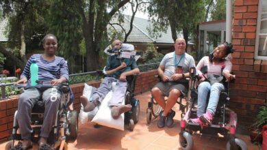 Residents at Ann Harding Cheshire Home have water thanks to the organisation's borehole. Pictured are Beatha Machekea, Vaughan Cuff, Mark McIntyre and Plola Lebeloane. Photo: Nicholas Zaal.