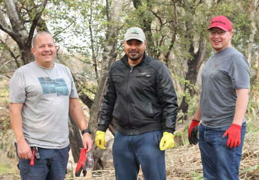 Paul Morel, Ashleigh Laullchander and Nick Wentworth connect at the clean-up. Photo: Nicholas Zaal